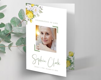 Yellow roses Funeral Program Template for woman, Celebration of life program, Memorial Program, Order of Service, Obituary Program  - FF4