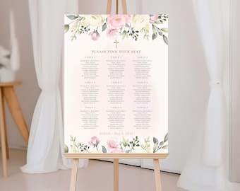 Pink blush First Holy Communion seating chart template, editable seat chart for girl, free printable table cards, find your seat - CF62