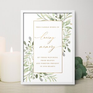 Greenery and gold Memorial candle printable, In loving memory sign, remembrance candle, wedding memorial table, this candle burns - FF8