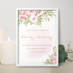 Memorial candle sign with pink roses, In loving memory sign, remembrance candle, wedding memorial table sign, this candle burns for - FF14