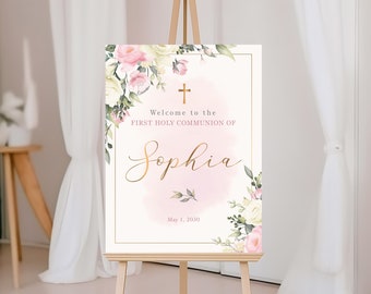 Pink blush First Communion Welcome Sign template for girl, Holy Communion Welcome Poster, Editable Communion Decoration - CF62