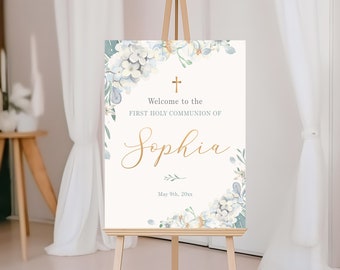Welcome Sign Template, First Holy Communion Welcome Poster, Teal Floral Confirmation Sign, Dedication Sign, Communion Decoration - CF34