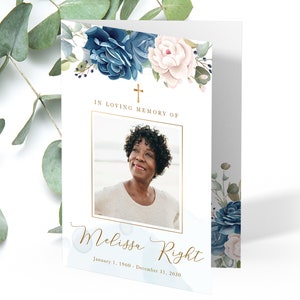 Blue roses watercolor Funeral Program Template, Celebration of life floral program, Memorial Program, Order of Service, Obituary - FF44