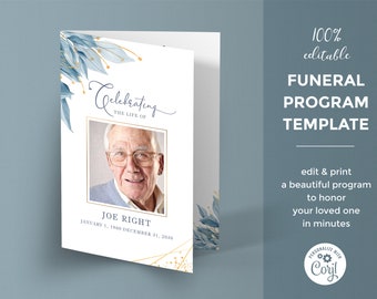 Funeral Program Template for man, Blue and Gold Memorial Program,  Editable Memorial Service Template, Celebration of life - FM3