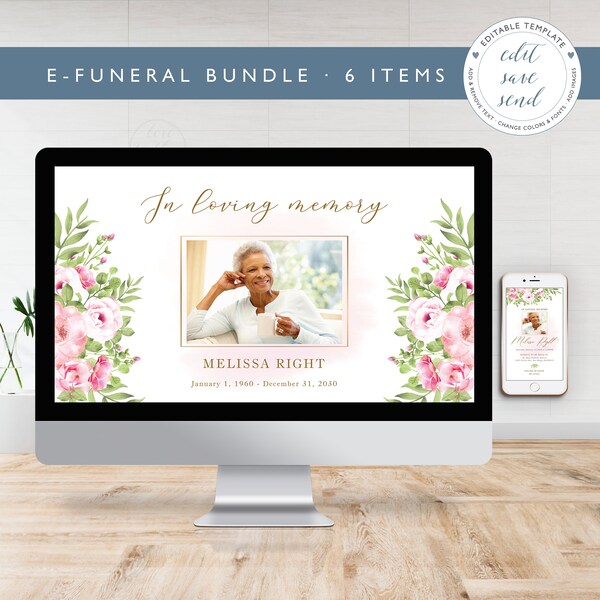 Funeral templates e-bundle, Zoom funeral background, virtual memorial, funeral evite, thank you card, smartphone death announcement - FF14