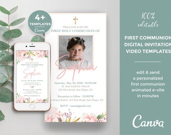video invitation for first communion smartphone announcement- CF34 Electronic First Communion animated templates girl digital e-vite