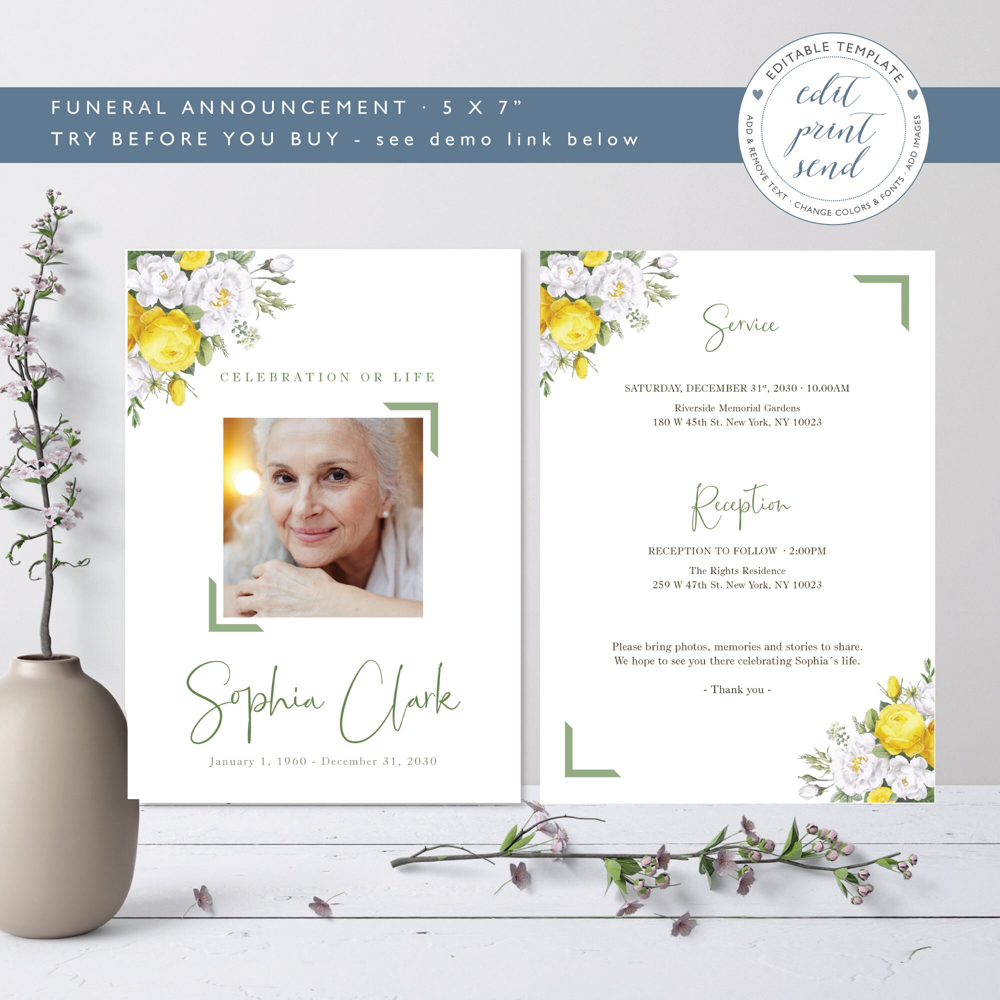 Yellow Roses Funeral Vector Yellow Roses Funeral Announcement Template Celebration of - Etsy