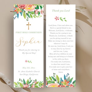 Marque page pour cadeau de communion modifiable pour fille avec fleurs colorées, souvenir pour communion, carte florale - CF64