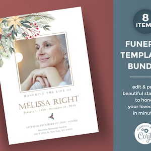 Christmas funeral template bundle, memorial package, in loving memory set, gold and greenery celebration of life template set - FF11