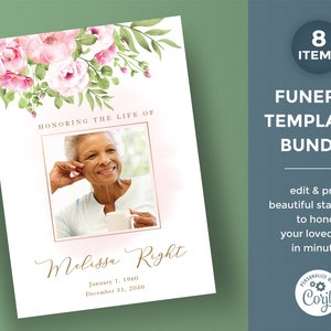 Puede incluir: Una plantilla de funeral blanca con un borde floral rosa y una foto de una mujer. El texto "Honoring the Life of Melissa Right" está en escritura dorada. Las fechas "January 1, 1960" y "December 31, 2030" también están en escritura dorada.
