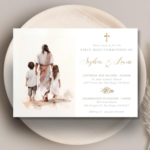 Invito alla prima comunione MODIFICABILE per fratelli, Gesù con bambino e bambina, modello di invito alla comunione, invito boho - CP79