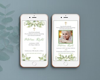 Electronic death announcement template for woman, smartphone Funeral Invitation, animated  photo e-vite, celebration of life - FF50