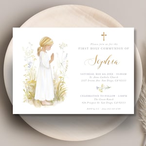 Invito alla prima comunione MODIFICABILE per bambina con illustrazione di bambina e fiori di campo, modello di invito alla comunione - CP72
