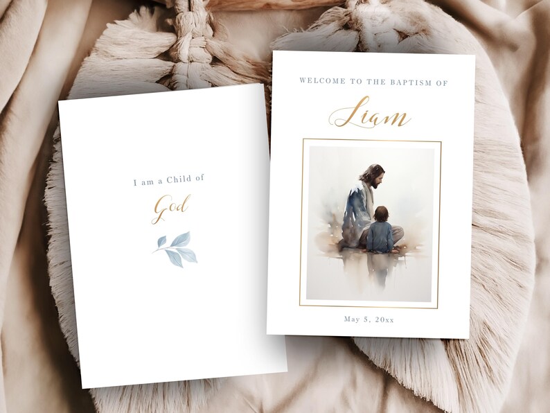 May include: Two white baptism cards. One card reads "I am a Child of God" with a blue leaf design. The other card says "Welcome to the Baptism of Liam" with an image of Jesus and a child. The date is May 5, 20xx.