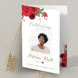 Red roses funeral program template for woman, Editable Funeral 4 pages Program 8.5x11, Celebration of life, In loving memory, CANVA FF58
