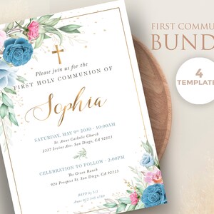 Primera comunion de niña con flores rosas azules, set de plantillas, invitacion, tarjeta regalos, tarjeta agradecimiento, poster - CF73