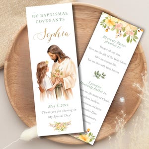 Baptismal covenants bookmark for girl, Editable template, Jesus and girl customizable bookmark, LDS baptism gift, favor, keepsake - LDS4