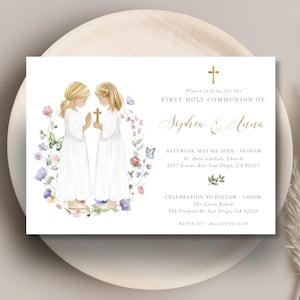 Invito alla Prima Comunione modificabile per sorelle, gemelli o gemelli fraterni con fiori di campo, modello di invito alla comunione - CP87