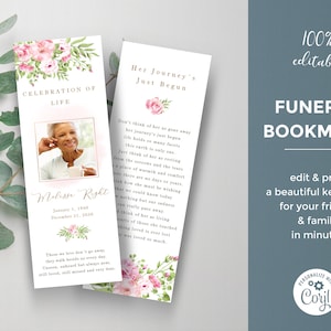 Marca páginas para funeral editable, recuerdo para funeral, obvituario, celebración misa funeral, tarjeta floral para funeral - FF14
