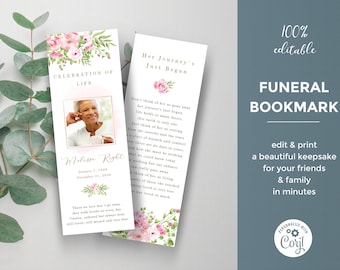 Pink Roses Memorial Card for Remembrance, Celebration of life floral bookmark, Funeral keepsake template, Funeral favor card  - FF14