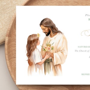 Puede incluir: Una ilustración de acuarela de una niña con una corona de flores siendo bautizada por Jesucristo. La imagen es para una invitación de bautismo e incluye el texto "Por favor, únase a nosotros para el bautismo de Sophia" y "Sábado, 4 de mayo de 2023, La Iglesia de Jesucristo de los Santos de los Últimos Días, 280 South Cove, Cedar City, Utah".