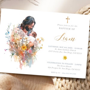 Invitacion EDITABLE de bautizo para niña o niño, Jesús con recién nacido y flores silvestres, plantilla tarjeta ilustrada de bautizo - B5