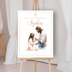 Cartel bienvenida comunion con Jesús  y una niña, hermanos, gemelos, PLANTILLA editable de cartel para celebración de comunión - CP37