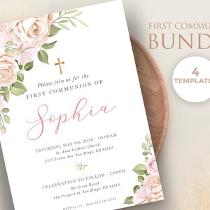 Primera comunion de niña con flores rosas, set de plantillas, invitacion, tarjeta regalos, tarjeta agradecimiento, poster - CF47