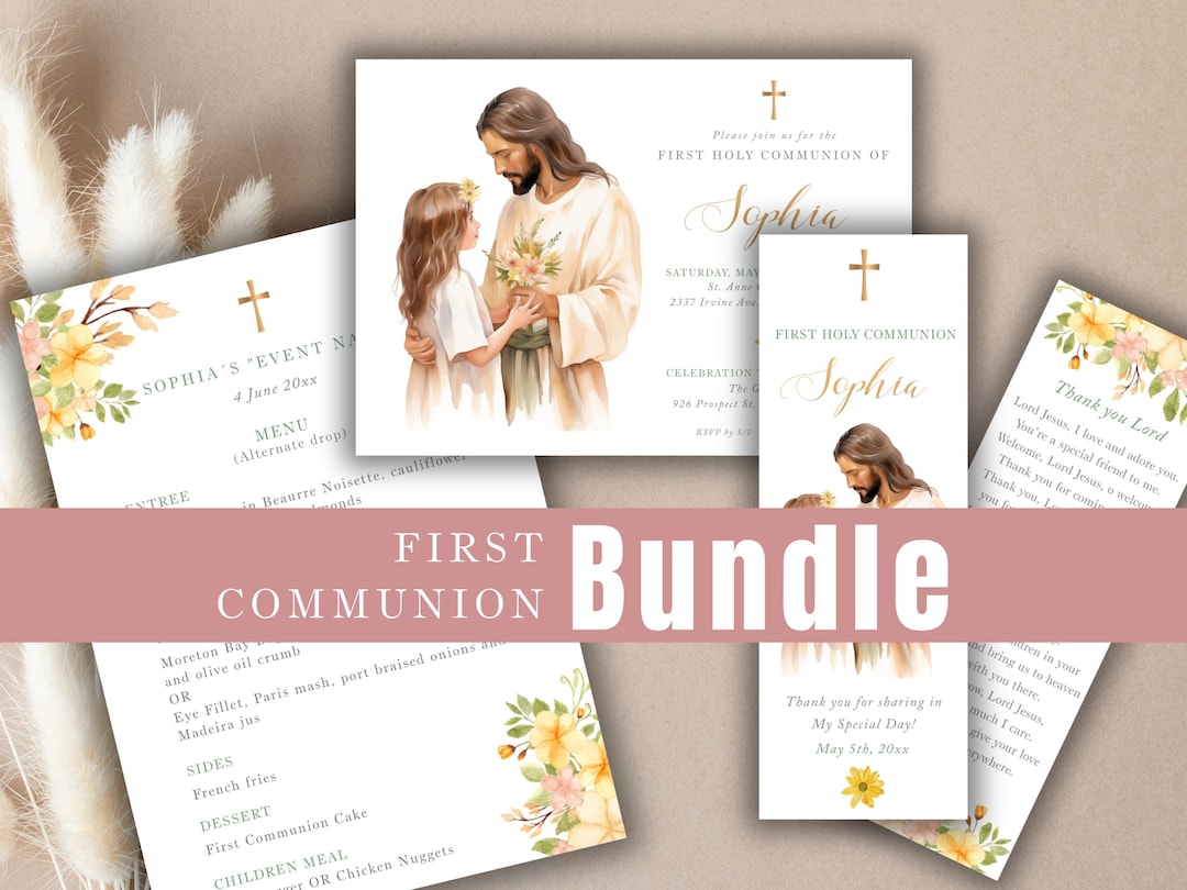 First Holy Communion BUNDLE for Girl, Jesus With Girl. Yellow and Pink ...