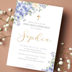 Editable First Communion Invitation Template for Girl with lavender flowers, Printable DIY Christian Invitation with Cross - CF55