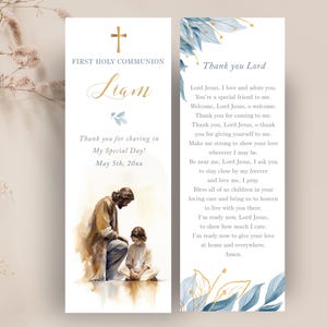 Marcapáginas de regalo de comunion EDITABLE para niño, Jesús y una niño de primera comunión, recuerdo de comunion, marcapáginas biblia CP84