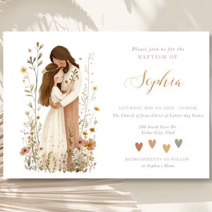 Modelo de convite de flores silvestres boho para batismo LDS para menina, Jesus e menina, convite editável para batismo LDS, batismo mórmon, primário LDS - LDS20