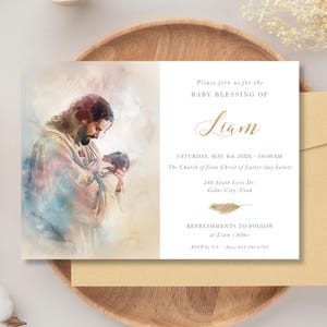 May include: Baby blessing invitation with a watercolour image of Jesus and a baby. The invitation includes the name "Liam", event details, and a location. The design is on a white background with gold accents.