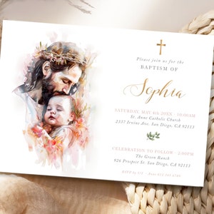Invitacion EDITABLE de bautizo para niña, Jesús con recién nacido, dulce plantilla tarjeta ilustrada de bautizo - B3