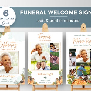 Cartel de bienvenida a funeral editable, photo collage para funeral, celebración misa funeral, decoración funeral otoño- FF40