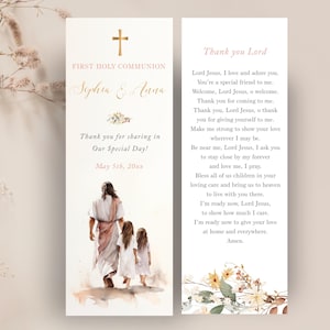 Marcapáginas de regalo de comunion EDITABLE para niñas gemelas, Jesús y hermanas de primera comunión, recuerdo de comunion, biblia CP77