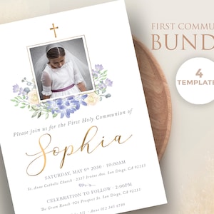 Set Erstkommunion für ein Mädchen mit einem Foto von Lavendelblüten, Einladung, Geschenkkarte, Dankeskarte, Poster – CF55