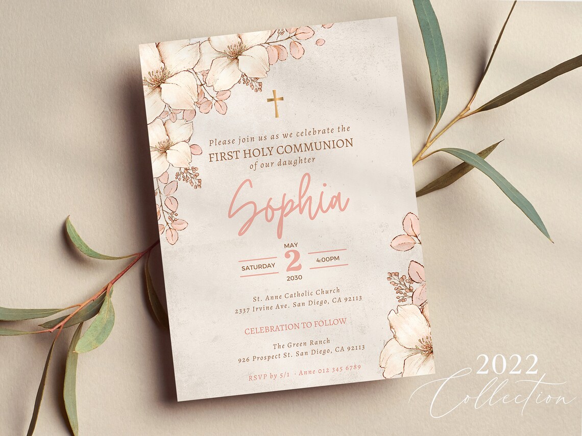 Dusty Pink Boho First Communion Invitation Template Girl - Etsy