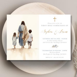 Invitacion EDITABLE de primera comunion para hermanos, Jesus con niño y niña, plantilla de invitacion comunion, invitación boho - CP78