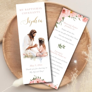 Editable LDS bookmark for girl, baptismal covenants template, Jesus and girl customizable bookmark, LDS baptism gift, favor, keepsake - LDS3