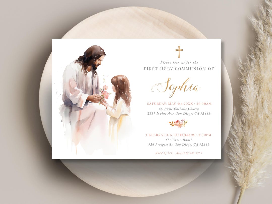 Jesus and a Girl, First Holy Communion Invitation Template for Girl ...