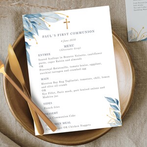 Menu de célébration de première communion, modèle modifiable, décoration de table, garçon de première communion, confirmation - CF69