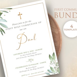 Première communion pour garçon aux rameaux d'olivier, ensemble de modèles, invitation, carte cadeau, carte de remerciement, affiche - CF68