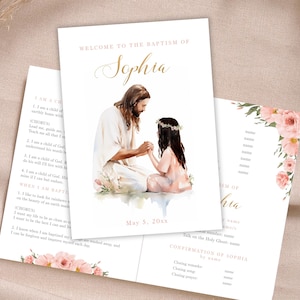 May include: A baptism program with a watercolor illustration of a girl and Jesus. The program includes the name Sophia and the date May 5, 20xx. The program also includes a section for the confirmation of Sophia.