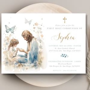 Jesus and a girl First Holy Communion invitation template for girl, editable invite, watercolor teal and gold, a child of God - CP4