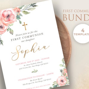 Primera comunion de niña con flores rosas, set de plantillas, invitacion, tarjeta regalos, tarjeta agradecimiento, poster - CF40