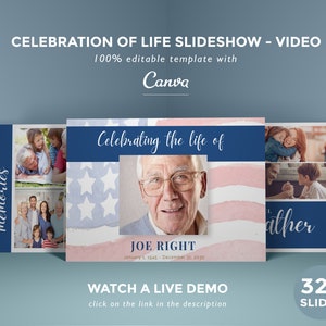 Veteran Funeral slideshow template for man, memorial video template, patriotic celebration of life slide show, american flag video - FM6
