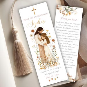 Editable First Holy Communion bookmark template for girl, prayer card, party favor, boho wildflowers bookmark, Confirmation keepsake CP63