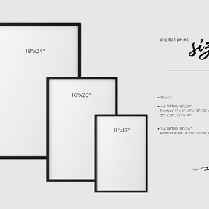 Puede incluir: Tres impresiones enmarcadas con marcos negros e interiores blancos. Los tama&ntilde;os son 45,7 cm x 61 cm, 40,6 cm x 50,8 cm y 28 cm x 43 cm. El texto en la imagen indica tama&ntilde;os y proporciones de impresi&oacute;n, incluyendo 4:5 y 3:4.