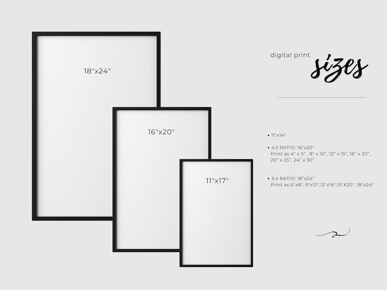 Puede incluir: Tres impresiones enmarcadas con marcos negros e interiores blancos. Los tama&ntilde;os son 45,7 cm x 61 cm, 40,6 cm x 50,8 cm y 28 cm x 43 cm. El texto en la imagen indica tama&ntilde;os y proporciones de impresi&oacute;n, incluyendo 4:5 y 3:4.